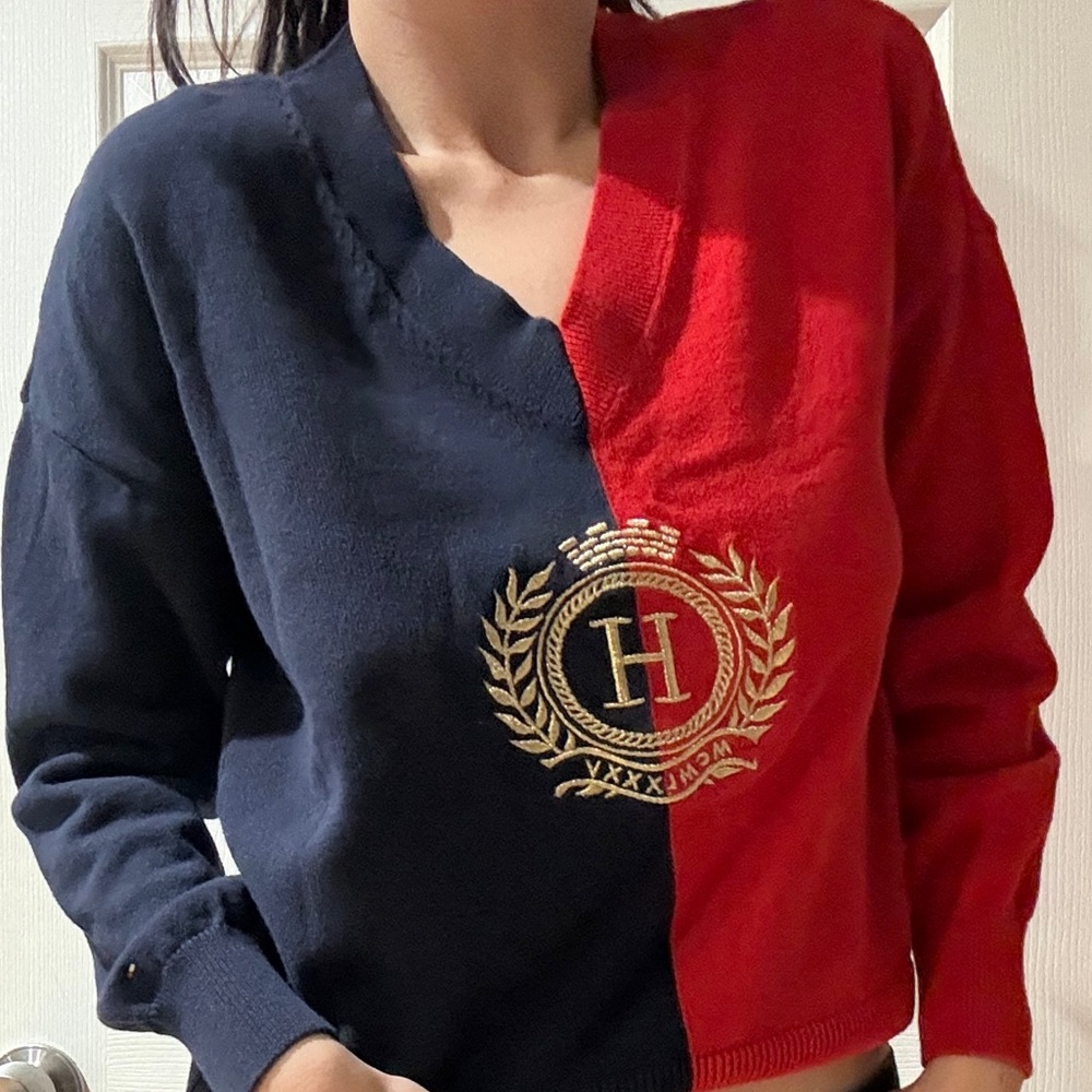Tommy Hilfiger Navy and Red Crest Sweater